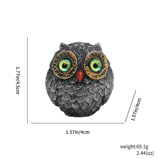 3Pcs Green Small Decorative Resin Owl Figurine - Textured Statue with Blue Eyes