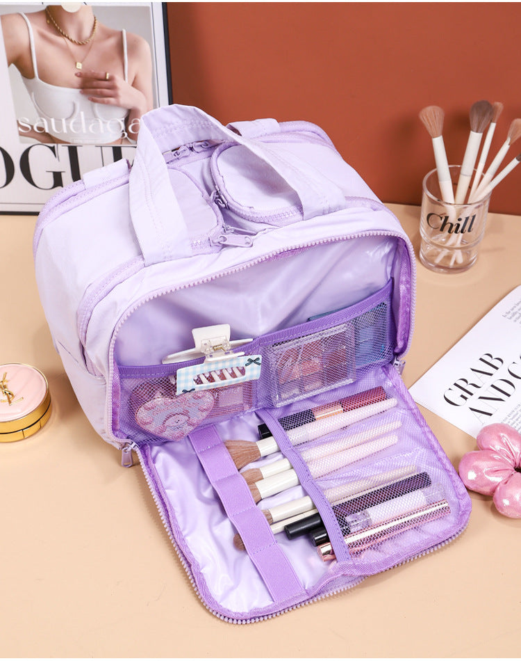 Portable Multi-Compartment Travel Toiletry & Makeup Organizer Bag with Brush Holders(Pink)