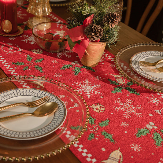 Red Christmas Table Runner with Tassels - Festive Snowflake & Bell Print (35*200cm)