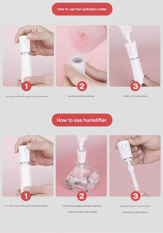 Red 2 in 1 Cool Mist Humidifier and Facial Moisturizer - USB Rechargeable Portable Nano Sprayer