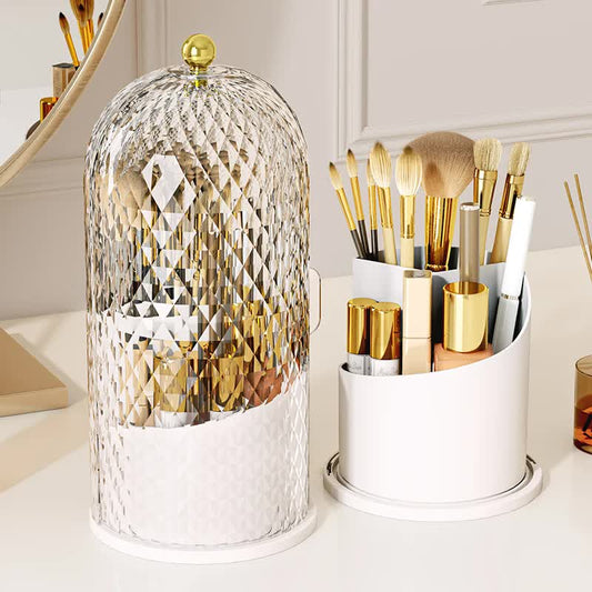 White Elegant 360 Rotating Makeup Brush Holder & Cosmetic Organizer with Dustproof Dome Lid(Makeup is a prop for shooting and is not included)