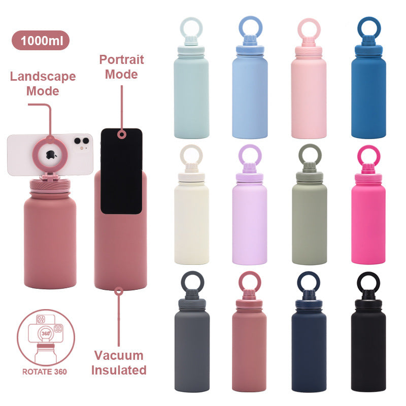Bright Blue 1L Stainless Steel Water Bottle with Magnetic Phone Holder Lid - Portable Hydration & Hands-Free Stand