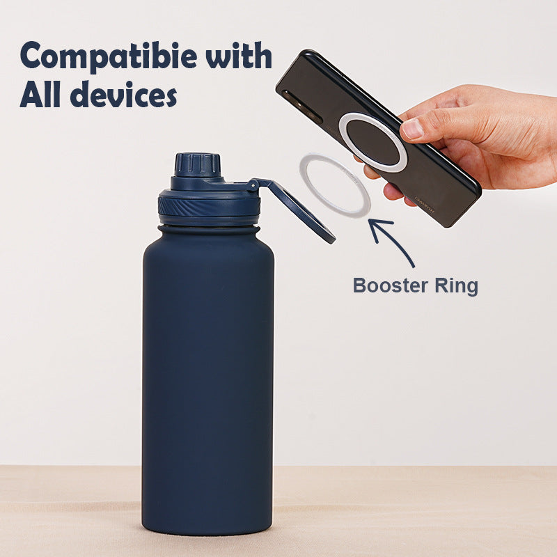 Bright Blue 1L Stainless Steel Water Bottle with Magnetic Phone Holder Lid - Portable Hydration & Hands-Free Stand