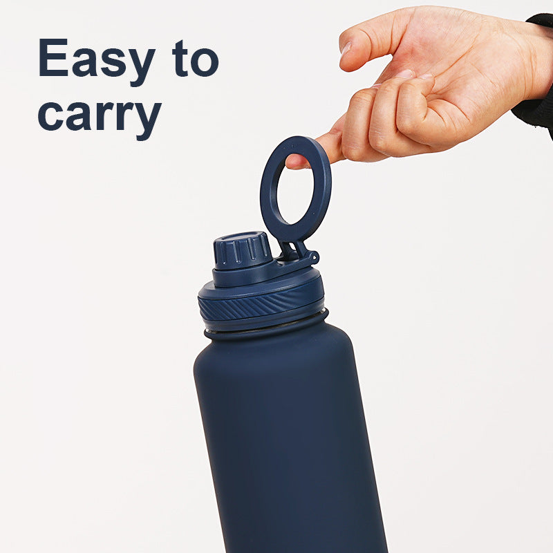 Bright Blue 1L Stainless Steel Water Bottle with Magnetic Phone Holder Lid - Portable Hydration & Hands-Free Stand