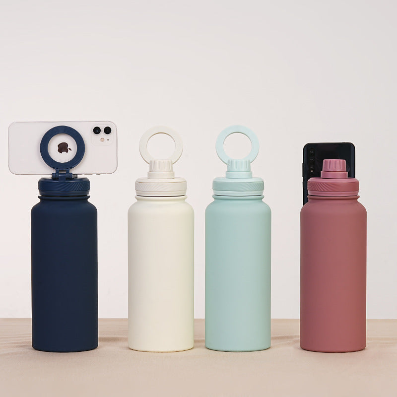 Bright Blue 1L Stainless Steel Water Bottle with Magnetic Phone Holder Lid - Portable Hydration & Hands-Free Stand