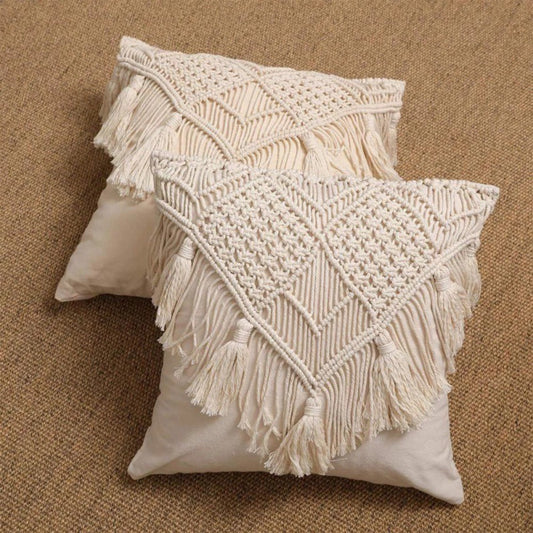 Black Boho Chic Macrame Cushion Cover - Handmade Woven Cotton Linen Pillow Case with Tassels - Decorative Throw Pillow Sham 45x45cm (Cover Only)