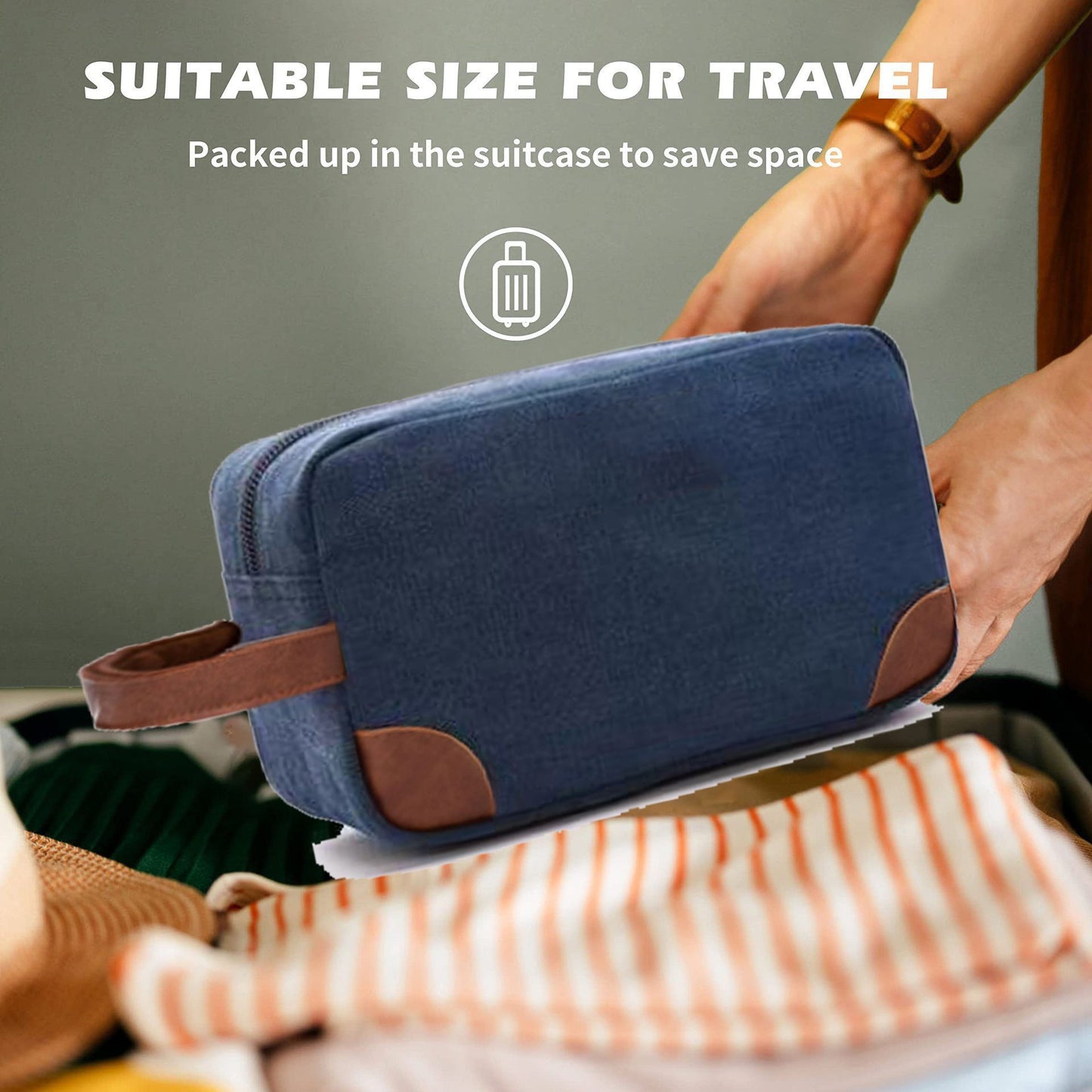 Grey And Brown Men's Canvas Toiletry Bag - Large Capacity Water-Resistant Travel Organizer Dopp Kit with Handle