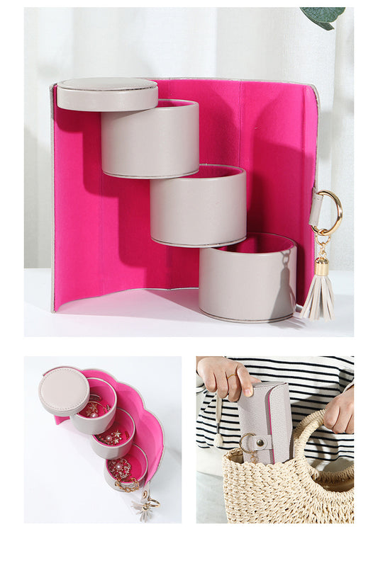 Beige and Pink Elegant 3-Tier Cylindrical Travel Jewellery Box - PU Leather Organizer for Rings Earrings Necklaces with Tassel Charm