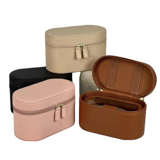 Beige Elegant PU Leather Makeup & Toiletry Bag - Large Capacity Travel Cosmetic Organizer with Brush Holder