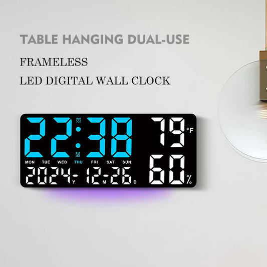 Black Background With Blue and White Light Sleek Large LED Digital Wall & Desk Clock - Remote Control, Temperature, Humidity, Dual Alarms, Calendar