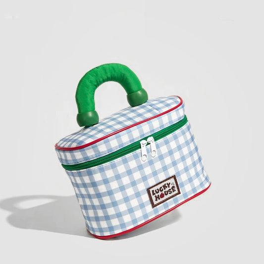 Blue And Green Chic Gingham Plaid Cosmetic Bag - Large Capacity Portable Travel Toiletry Organizer, Water-Resistant