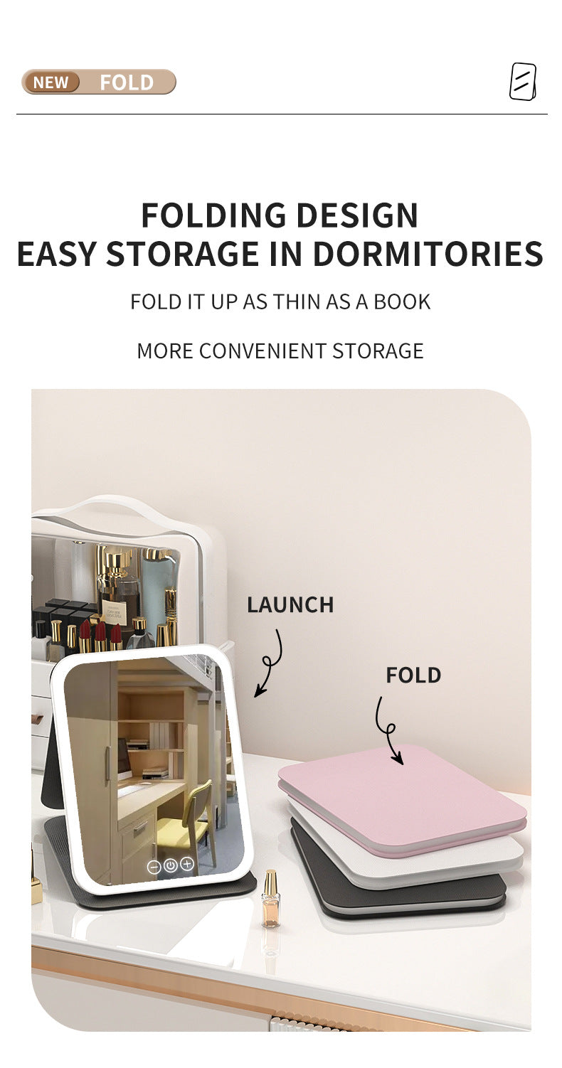 Black Large Foldable LED Makeup Mirror - Portable Desktop Vanity with 3 Color Lights, Stepless Dimming & Adjustable Stand