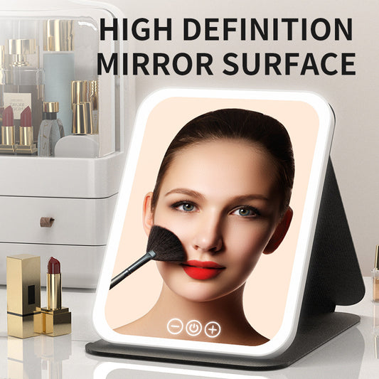 Pink Small Foldable LED Makeup Mirror - Portable Desktop Vanity with 3 Color Lights, Stepless Dimming & Adjustable Stand