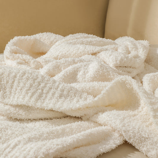 Beige Solid Color Plush Knitted Blanket for Sofa and Office, 152 x 203 cm, 1150g