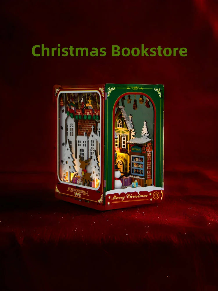 Christmas Book Nook DIY Wooden House Kit - 3D Puzzle Miniature Cabin Model, Creative Bookshelf Decor, Unique Holiday Gift Craft
