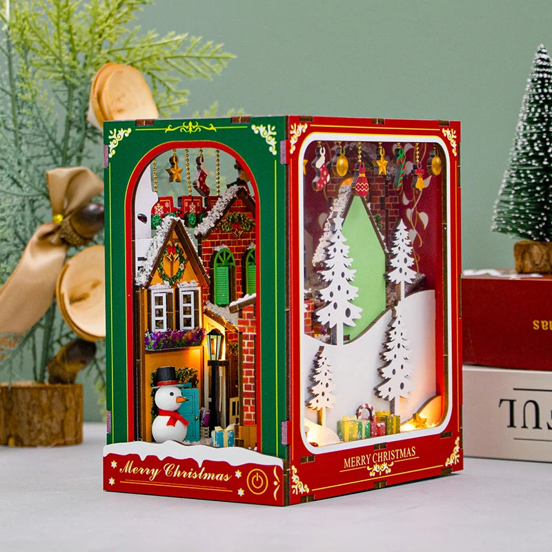 Christmas Book Nook DIY Wooden House Kit - 3D Puzzle Miniature Cabin Model, Creative Bookshelf Decor, Unique Holiday Gift Craft
