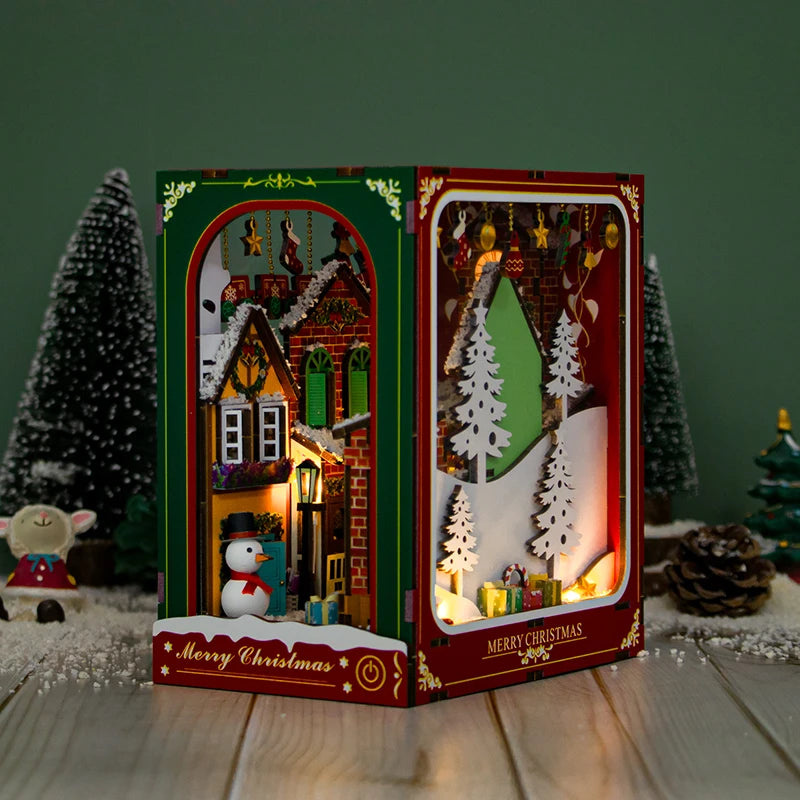 Christmas Book Nook DIY Wooden House Kit - 3D Puzzle Miniature Cabin Model, Creative Bookshelf Decor, Unique Holiday Gift Craft