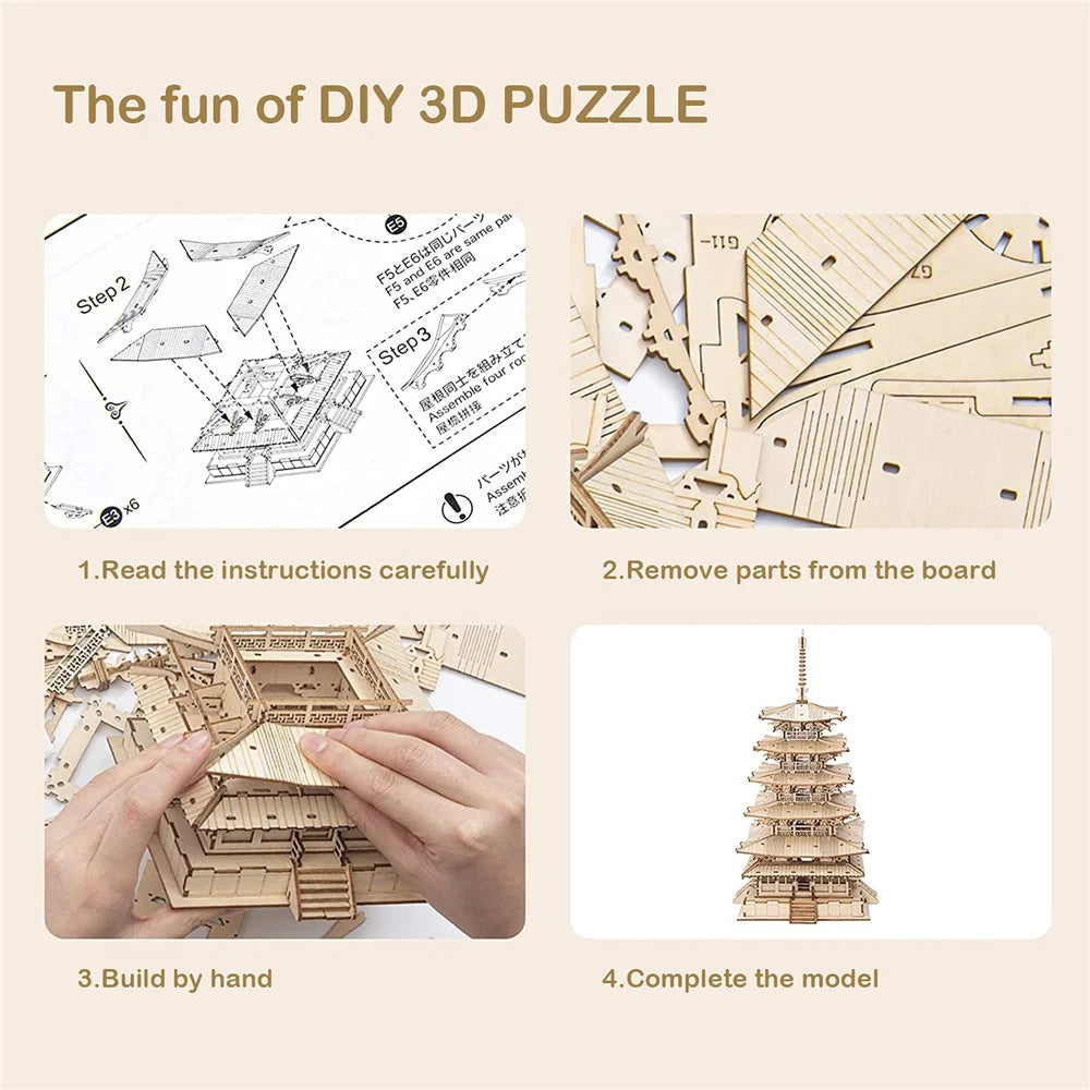 Robotime Rolife 275pcs DIY 3D Five-storied Pagoda Wooden Puzzle Game Assembly Constructor Toy Gift for Children Teen Adult TGN02