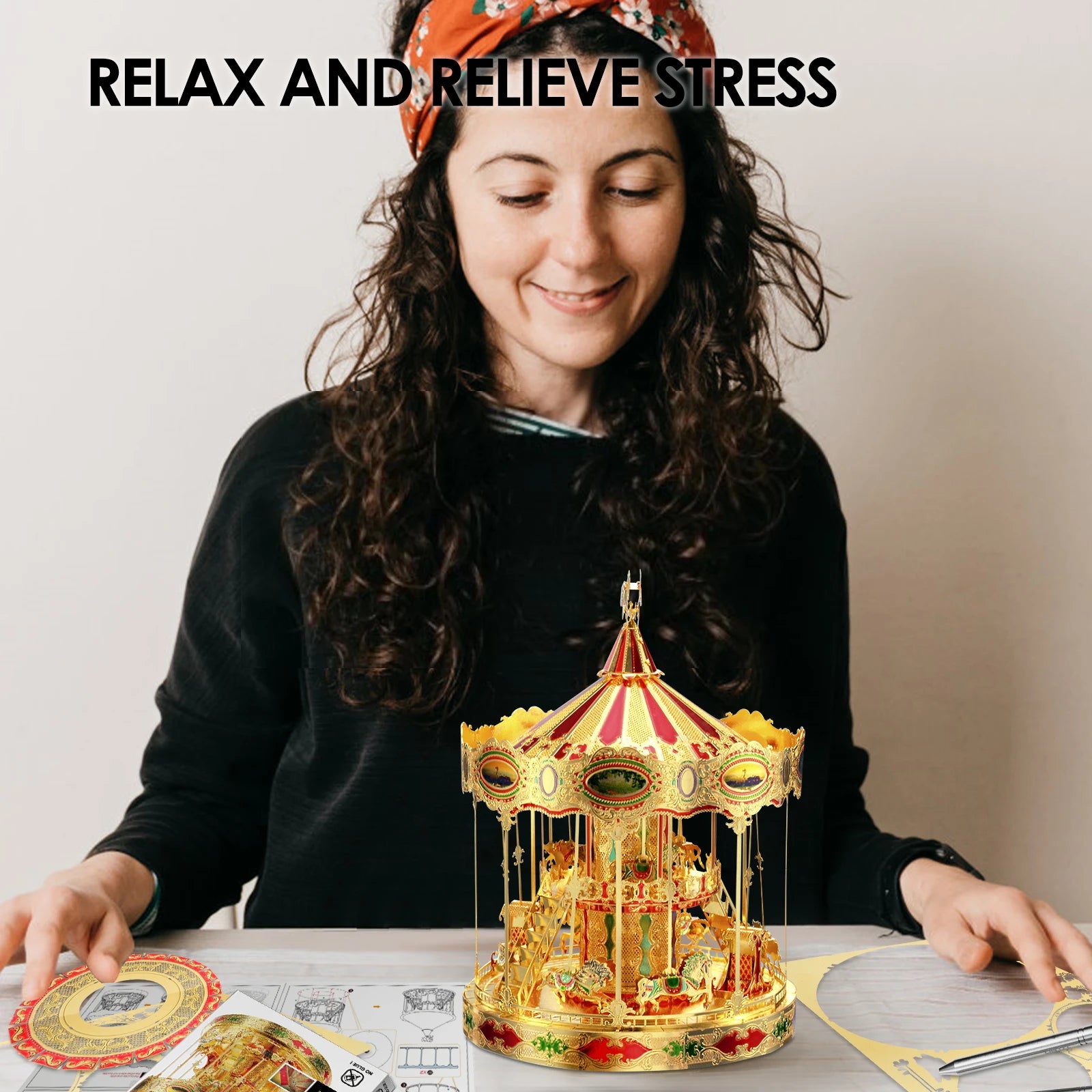 Piececool 3D Metal Puzzle Model Building Kits-Merry Go Around DIY Jigsaw Toy Christmas Birthday Gifts for Adults