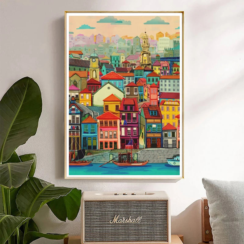 Wall Art Canvas Landscape Poster Painting Retro Travel Famous Cities Spain Turkey Italy Picture Print Living Room Home Decor