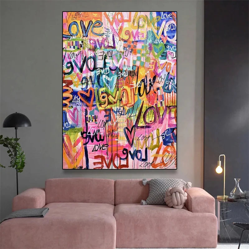 Many Colorful Love Hearts Grafffiti Art Canvas Paintings Posters and Print Pink Wall Art Pictures Living Room Home Cuadros Decor
