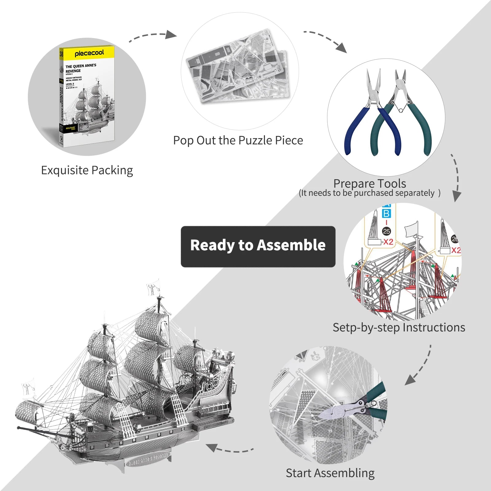 Piececool 3D Metal Puzzle Model Building Kits-The Queen Anne's Revenge Jigsaw Toy ,Christmas Birthday Gifts for Adults