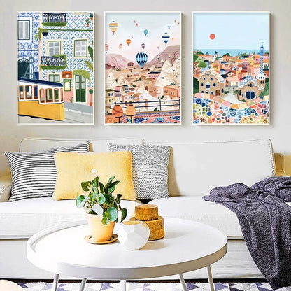 Wall Art Canvas Landscape Poster Painting Retro Travel Famous Cities Spain Turkey Italy Picture Print Living Room Home Decor