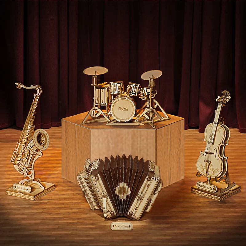 Robotime 3D Musical Instrument Wooden Puzzle Game Assembly Saxophone Drum 4 Kinds DIY Kit Accordion Cello Toy Gift for Children