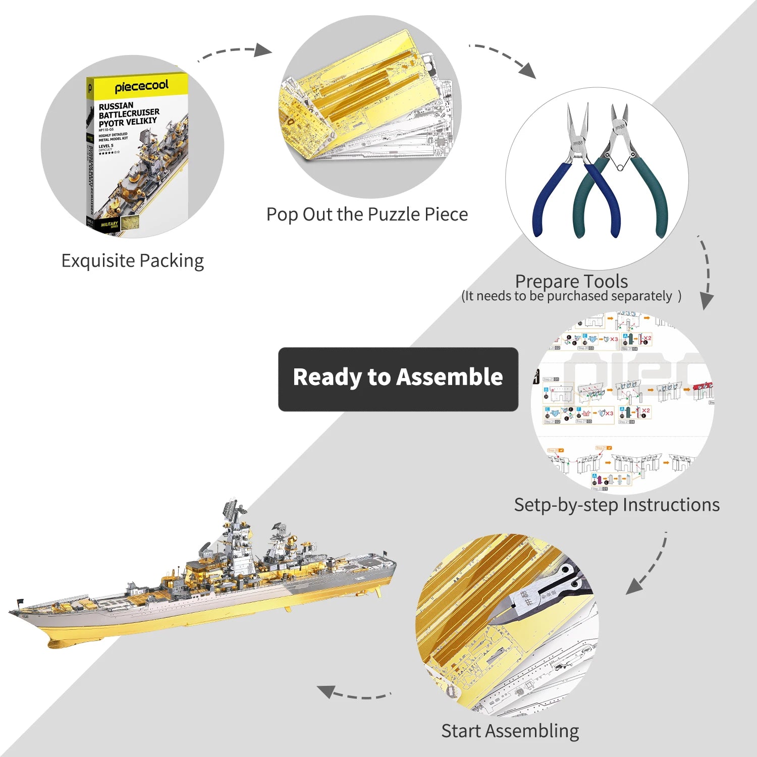 Piececool 3D Metal Puzzle -Russian Battlecruiser Pyotr DIY  Jigsaw Toy Model Building Kits Christmas Gifts for Adults