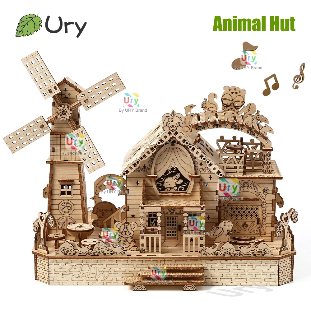 Rotatable DIY 3D Wooden Music Box Puzzles Electric Zoo Animals Hut House Model Mechanical Kits Decor Toys Gifts for Kids