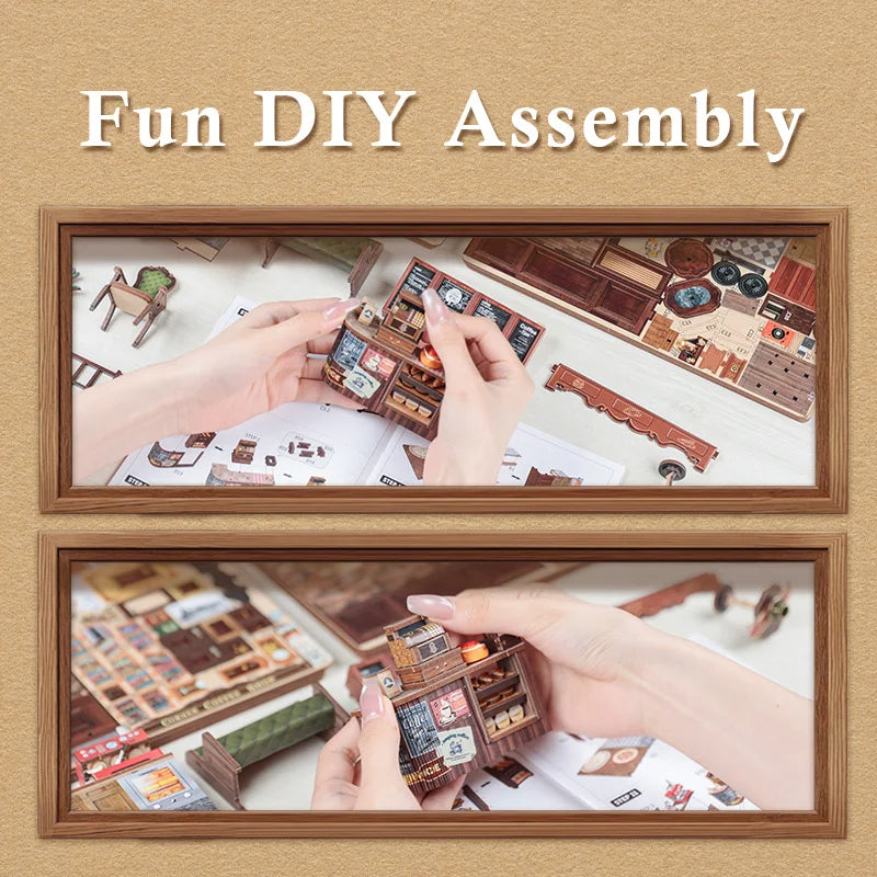 CUTEBEE Book Nook Kit DIY Doll House with LED Light Bookshelf Insert CORNER COFFEE SHOP Miniature Model For Birthday Family Gift
