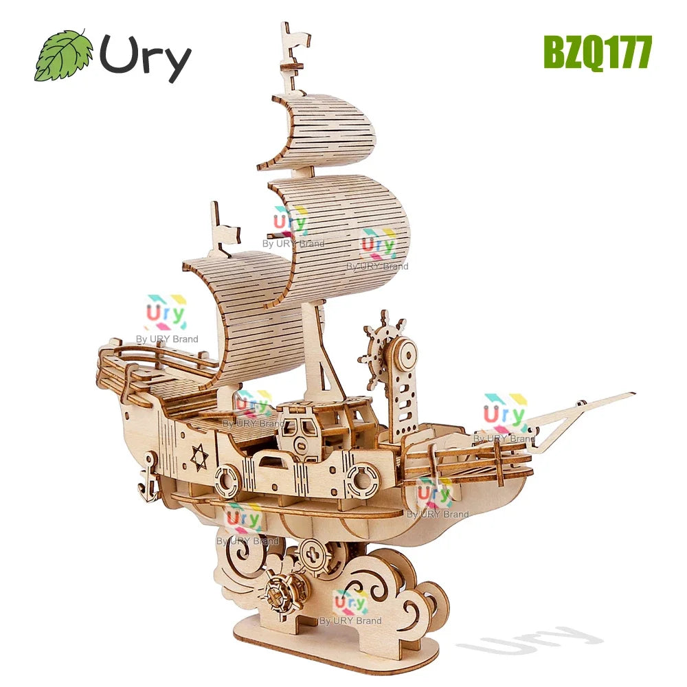 Ury DIY 3D Wooden Puzzle Retro Style Sailboat Shipping Model Toys Handmade Set Home Desktop Decoration Christmas Gifts for Kids