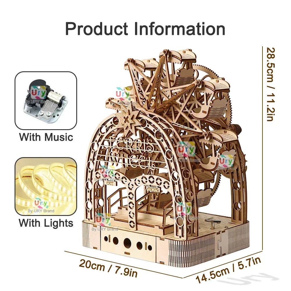 Ury 3D Wooden Puzzles Led Hand-driven Rotatable Ferris Wheel Music Box Model Mechanical Assembly Decor DIY Toy Gift for Adult