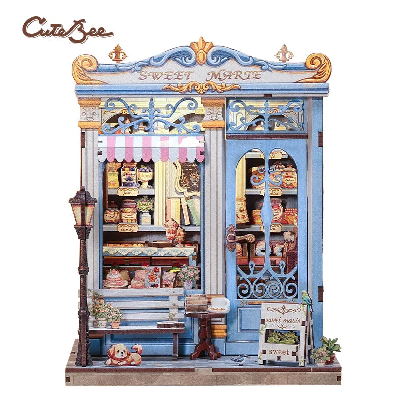 CUTEBEE Book Nook Kit DIY Doll House with LED Light Bookshelf Insert Sweet Marie Miniature Model For Birthday Family Gift