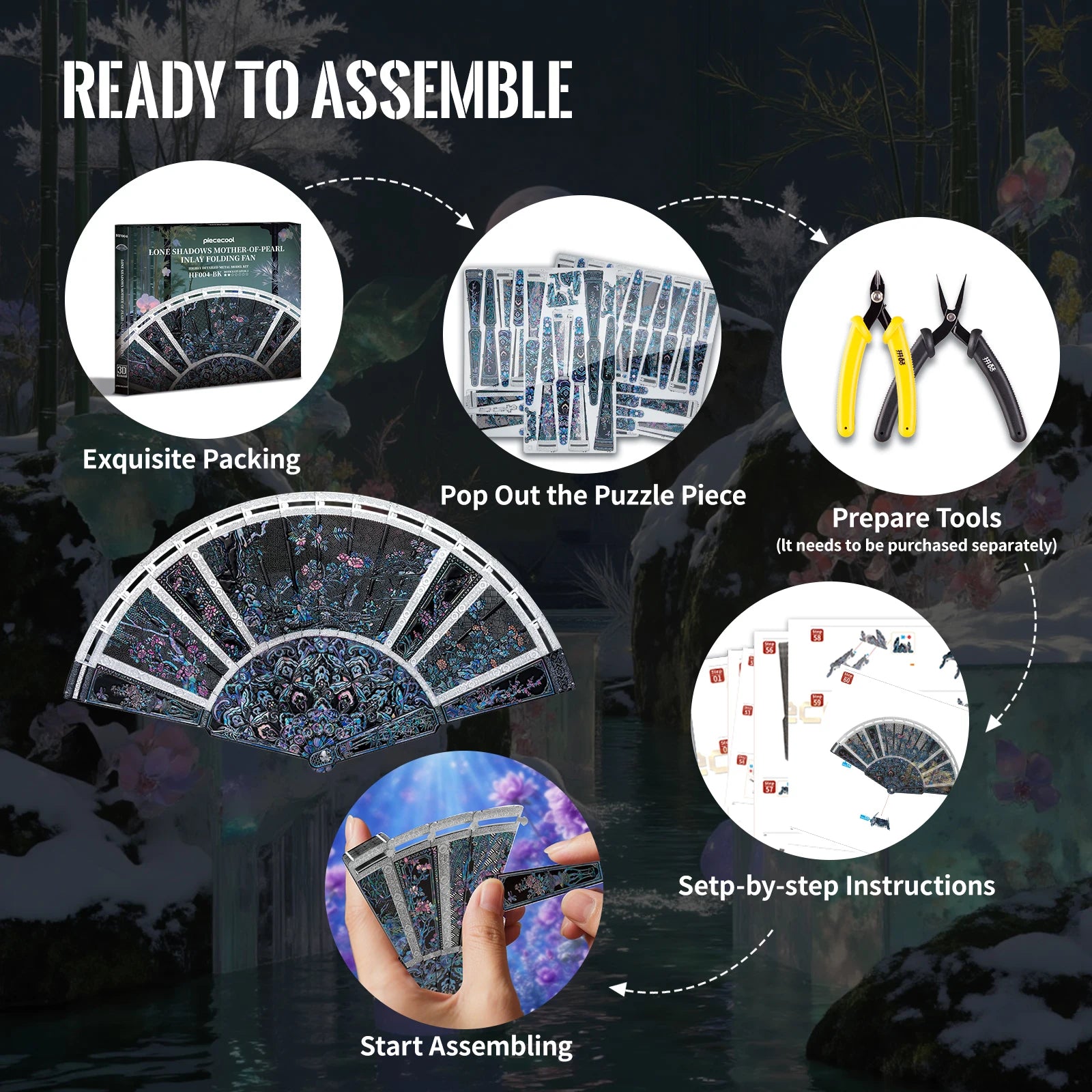 Piececool 3D Metal Puzzles Folding Fan Metal Model Kits for Summer DIY Jigsaw Creative Crafts for Adults