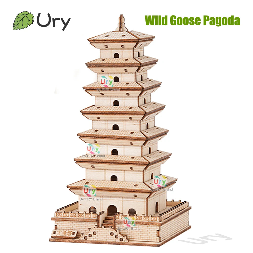 Ury 3D Wooden Puzzle Chinese Bell Tower Giant Wild Goose Pagoda Traditional Building DIY Model Assembly Desktop Gift for Adults