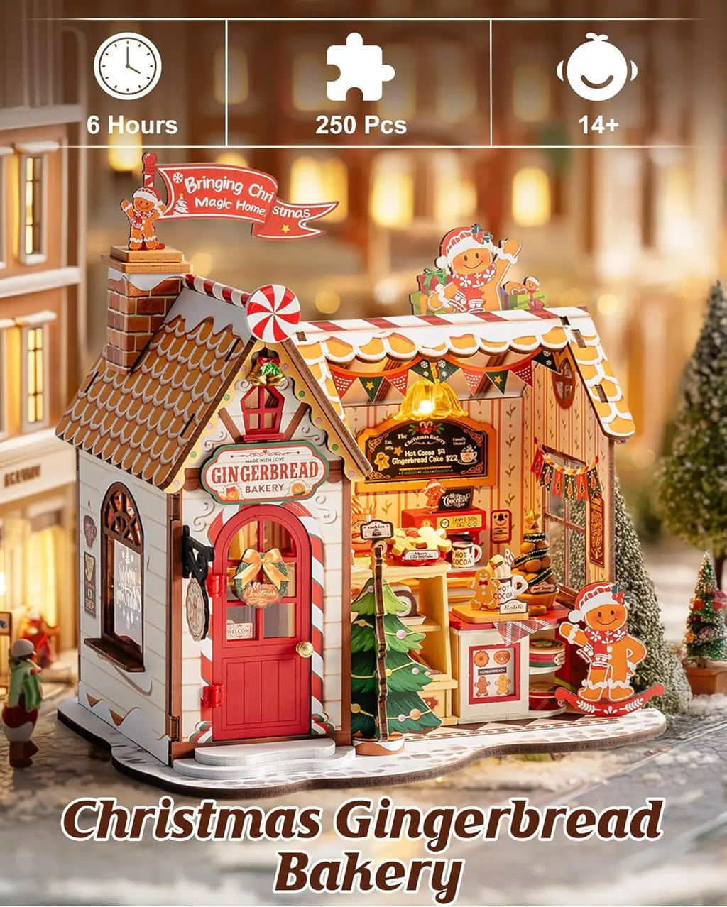 Robotime Rolife DIY Miniature House Kit Christmas Gingerbread House 250-Piece Model Kit Dolls House for Teens Adults No Glue