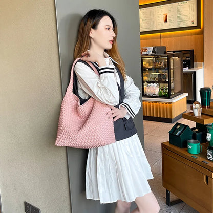 2025 Fashion Soft Hobo Weave Shoulder Handbag With Insert Organizer Woven Vegan Leather Top-handle Tote All-Match Underarm Bag