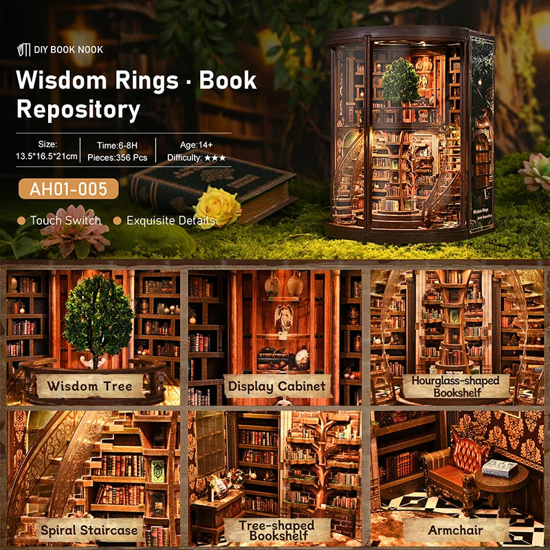 3D Book Niche "Wisdom Ring" DIY Miniature House Assembly Model - Micro-Scale Diorama Bookstand, Creative Gift