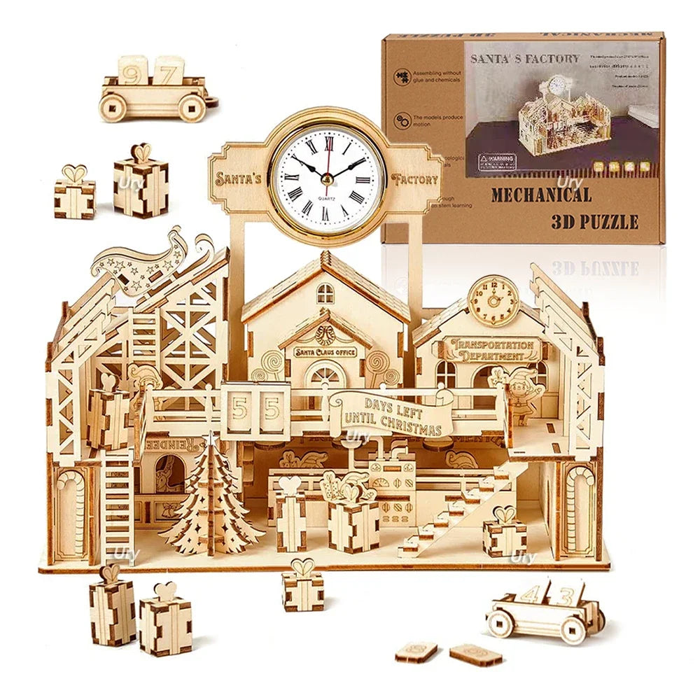 Ury 3D Wooden Puzzle Christmas Factory Table Clock Countdown Calendar Retro Toy for Kids Adults DIY Model Kit Decoration Gifts