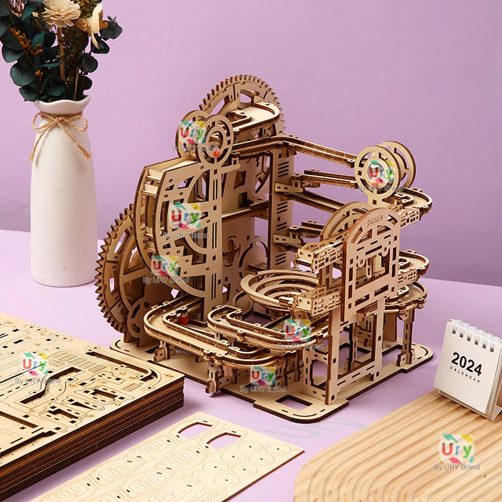 3D Wooden Puzzle Marble Run Set DIY Mechanical Track Electric Manual Model Building Block Kits Assembly Toy Gift for Teens Adult