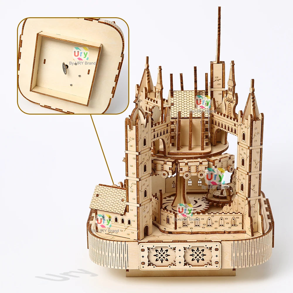 Ury 3D Wooden Puzzle Musical Octagonal Box Rotatable Touring Train Castle Model Mechanical Kit Decor DIY Toy Gift for Kid Adult
