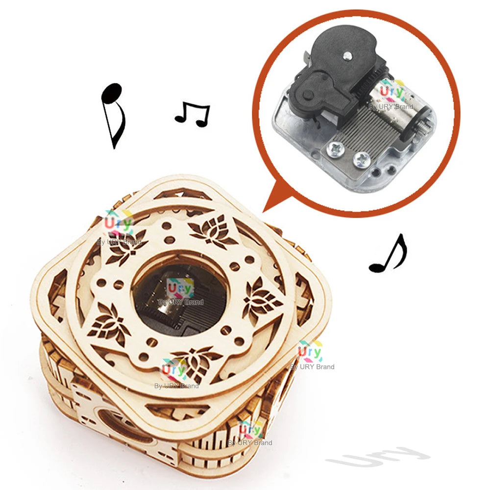URY 3D Wooden Puzzle Mini Music Antique Password Treasure Proposal Ring Box Lockbox DIY Advanced Assembly Creative Gift for Girl