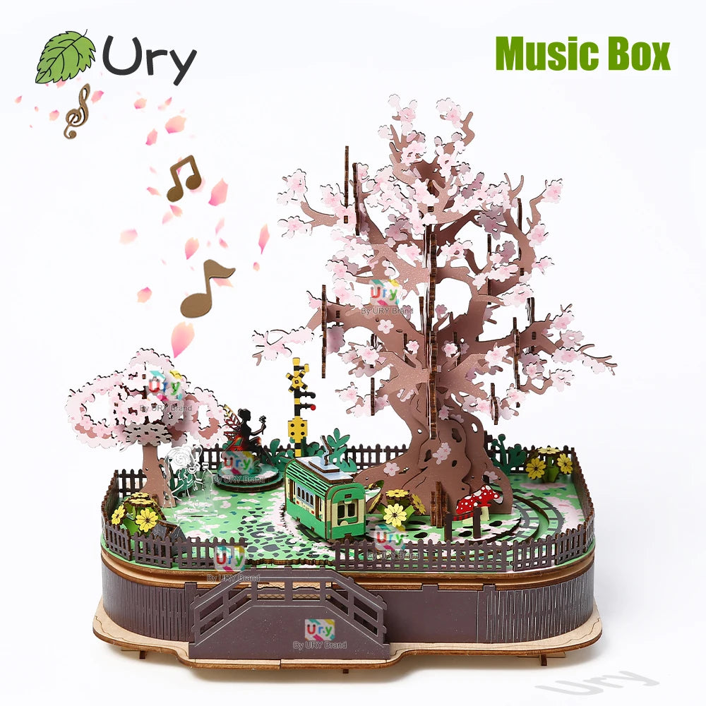 Ury 3D Wooden Puzzle Colorful Cherry Blossom Tree Rotatable Tourist Train Music Octave Box Model Assembly DIY Toy Gift for Adult