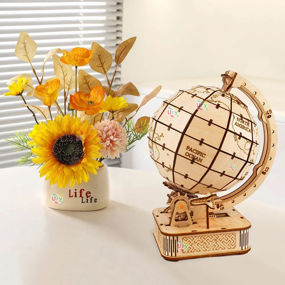 Ury 3D Wooden Puzzle Globe Rotatable Model Mechanical Gear Kit Building Block Toy Hand Assembly Decoration Gift for Kids Adult