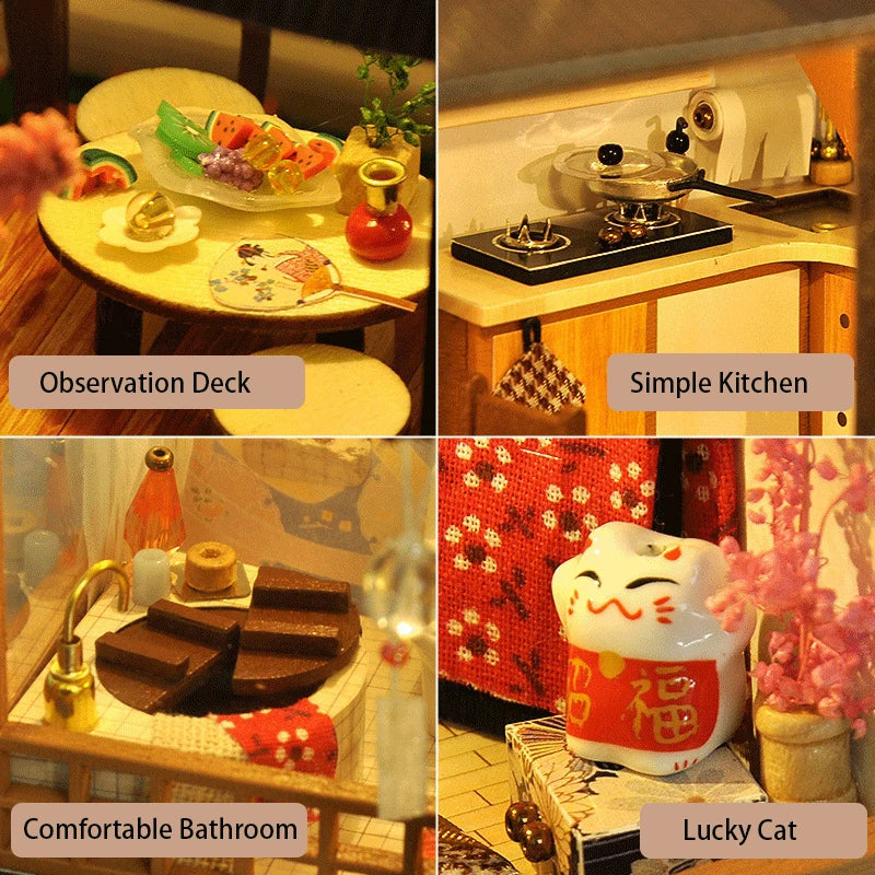 Cutebee DIY DollHouse Japanese Style Villa Kit Wooden Miniature Doll Houses for Children Birthday Gift