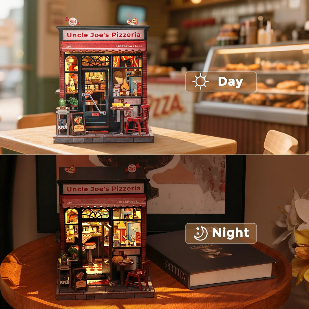 CUTEBEE Book Nook Kit DIY Doll House with LED Light Bookshelf Insert Uncle Joe's Pizzeria Miniature Model For Party Family Gift