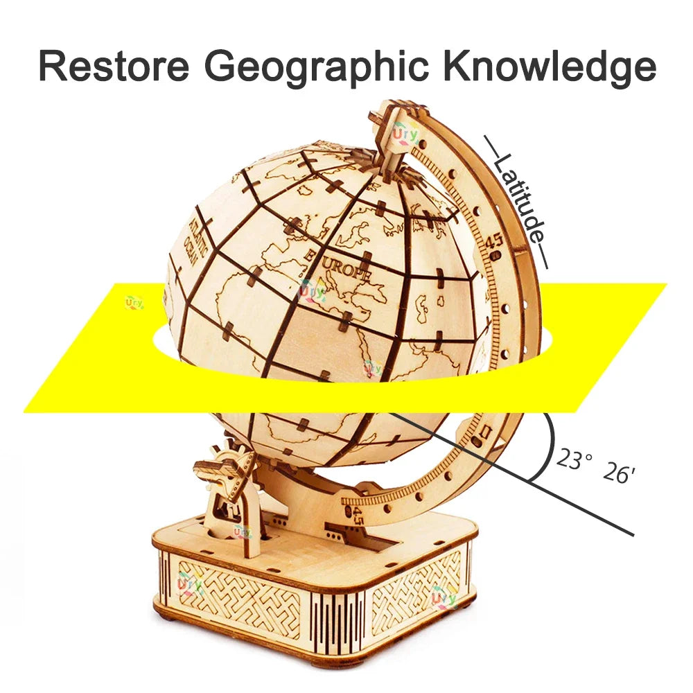 Ury 3D Wooden Puzzle Globe Rotatable Model Mechanical Gear Kit Building Block Toy Hand Assembly Decoration Gift for Kids Adult