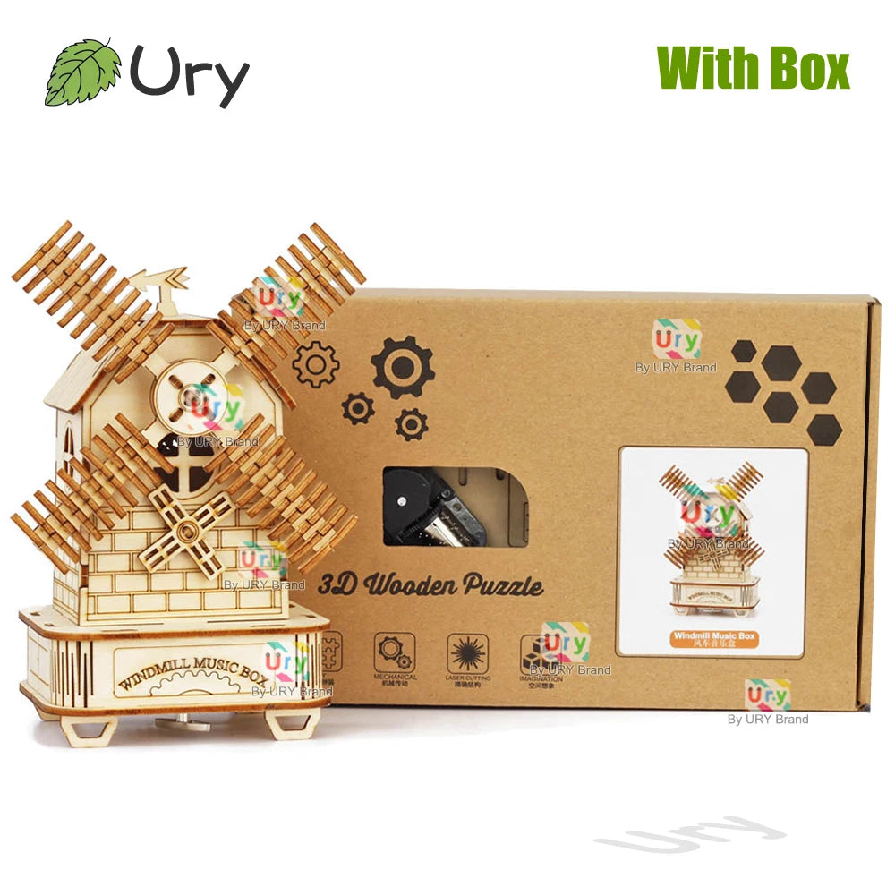 Rotatable DIY 3D Puzzles Windmill Ferris Wheel Music Octave Box Wooden Model Mechanical Kits Assembly Decor Toys Gifts for Kids