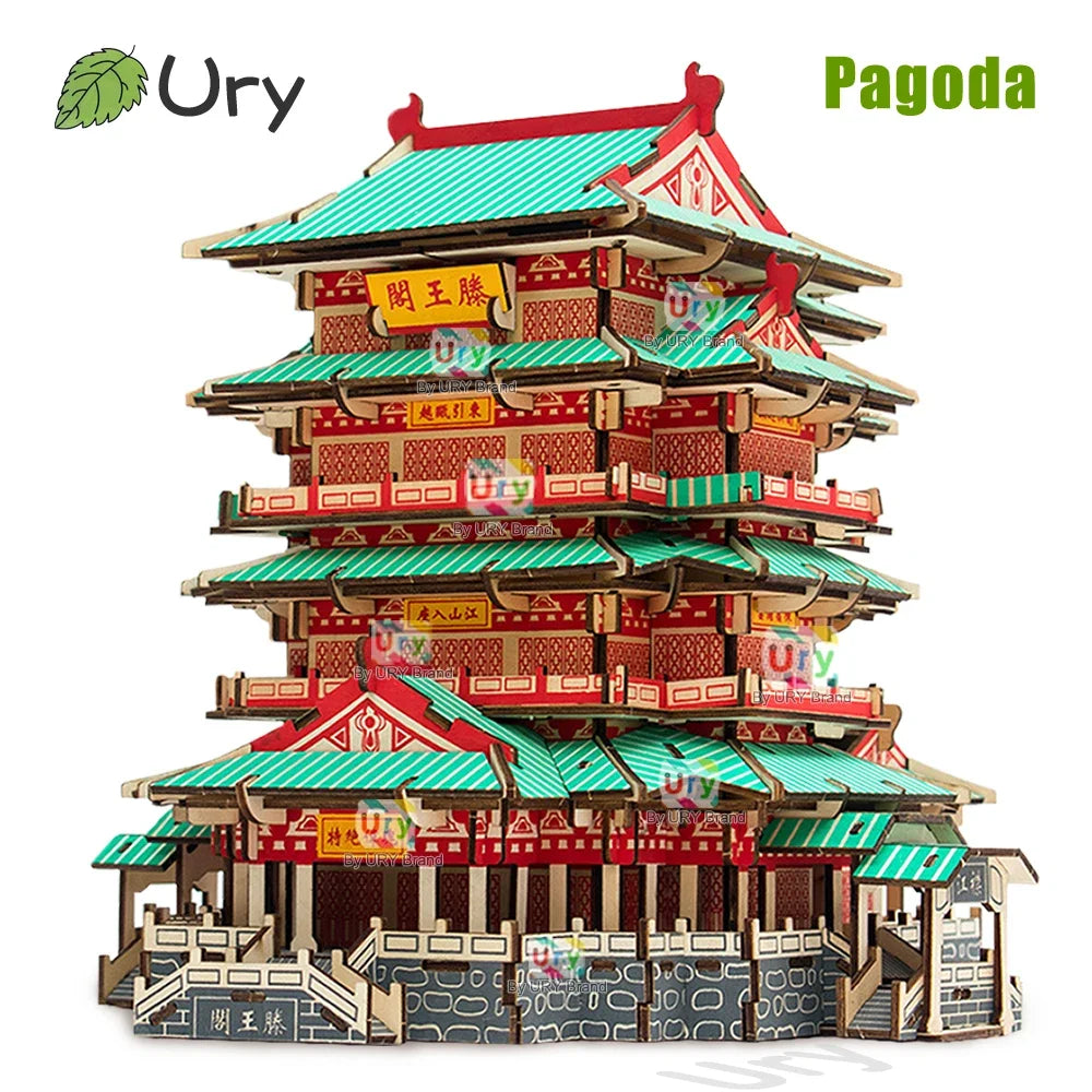 Ury 3D Wooden House Colorful Chinese Traditional Puzzle Building DIY Model Game Assembly Desktop Toy Gift for Children Adult